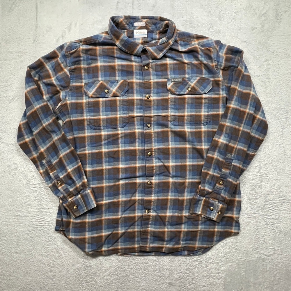 Columbia Flannel Shirt Mens XL‎ Blue Brown Plaid Omni-Wick Stretch